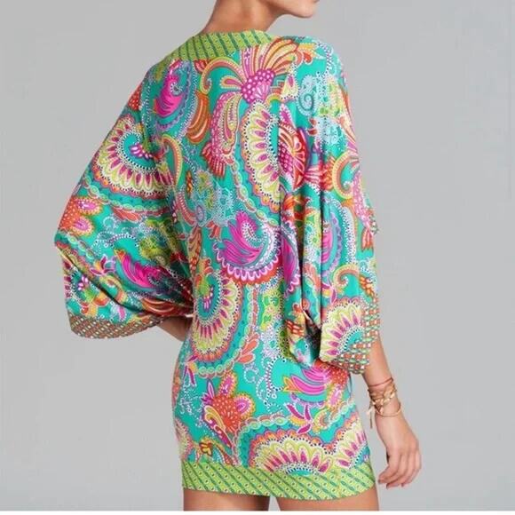 TRINA TURK Festival Paisley Folkloric Swim Cover Up Dress Flutter Sleeve Tunic S - Picture 2 of 8